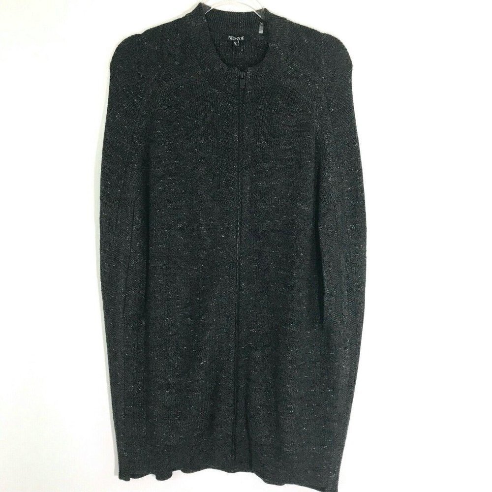 NIC + ZOE Cape Cardigan Women M/L Black Green Knit Zip Front Closure Sweater NWT